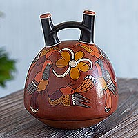 Escultura de cerámica, 'Fiesta del colibrí' - Escultura Inca de cerámica Earthtone Bird Vessel