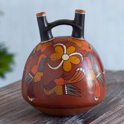Escultura de cerámica, 'Fiesta del Colibrí' - Escultura Inca de Recipiente de Pájaro de Cerámica Earthtone