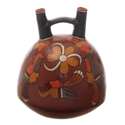 Ceramic Earthtone Bird Vessel Inca Sculpture