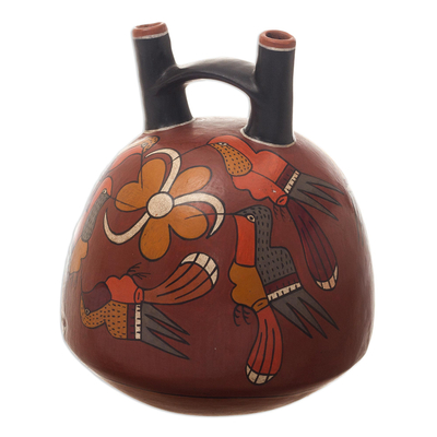 Keramische Skulptur, 'Kolibri-Fest - Keramisches erdfarbenes Vogelgefäß Inka-Skulptur
