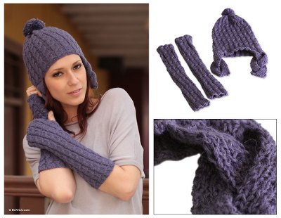 100% alpaca chullo hat and arm warmers, 'Lilacs' - Collectible Alpaca Wool Hat And Arm Warmer Set