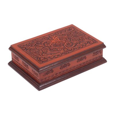 Cedar and leather jewelry box, 'Colonial Garden' - Floral Wood and Tooled Leather Jewelry Box