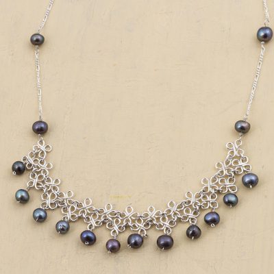 Pearl choker, 'Pearl Garden' - Collectible Floral Fine Silver Choker Pearl Necklace