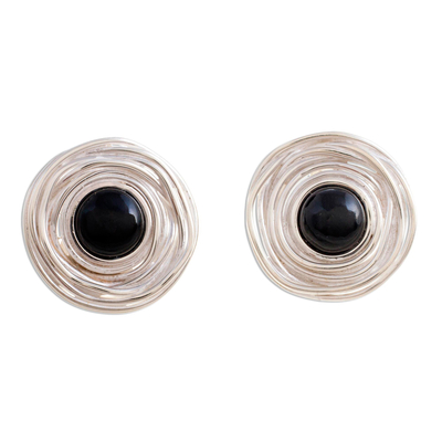 Obsidian and Silver Button Clip On Earrings