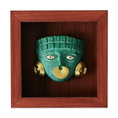 Papier mache shadow box mask, 'Emerald Moche Mask' - Original Cultural Papier Mache Mask in Shadow Box