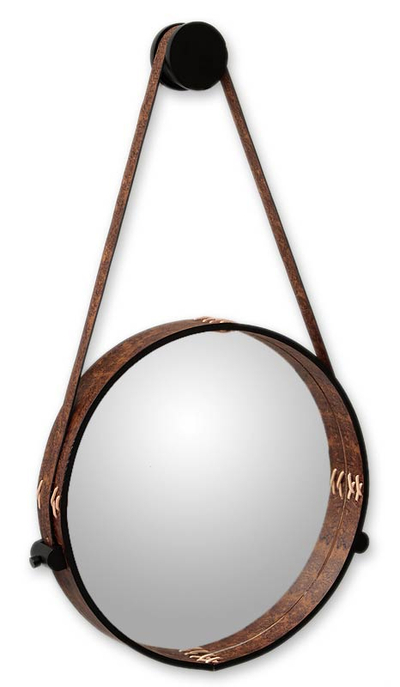Leather mirror, 'New Moon' - Contemporary Rustic Leather Wall Mirror