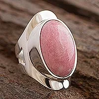 Rhodonite cocktail ring, 'Cradle of Love' - Chunky Sterling Silver and Pink Rhodonite Ring from Peru