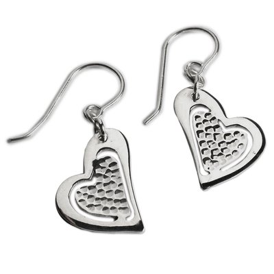 Sterling silver heart earrings, 'True Love's Song' - Handmade Heart Shaped Sterling Silver Dangle Earrings