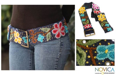 Wool belt, 'Midnight Blue Bouquet' - Artisan Crafted Floral Wool Embroidered Belt