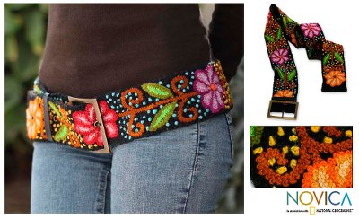 Wool belt, 'Black Night Bouquet' - Unique Floral Wool Embroidered Belt from Peru