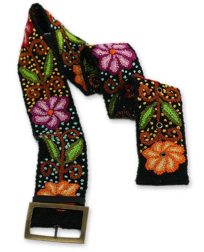 Wool belt, 'Black Night Bouquet' - Unique Floral Wool Embroidered Belt from Peru