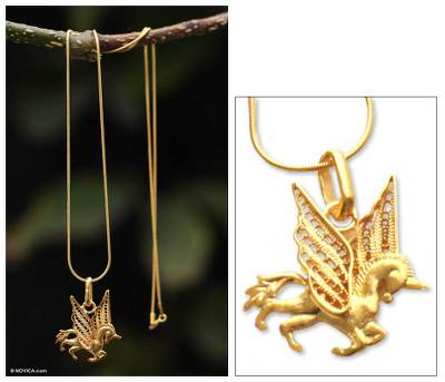 Gold plated filigree necklace, 'Pegasus' - Handcrafted Gold Plated Filigree Necklace