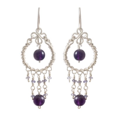 Amethyst and iolite chandelier earrings, 'Lilac Light' - Amethyst and iolite chandelier earrings