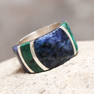 Sodalite and chrysocolla band ring, 'Moche Princess' - Sterling Silver Band Chrysocolla Sodalite Ring from Peru
