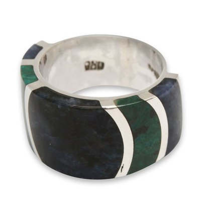Sodalite and chrysocolla band ring, 'Moche Princess' - Sterling Silver Band Chrysocolla Sodalite Ring from Peru