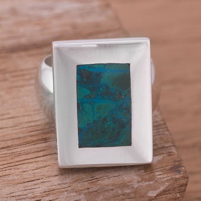 Chrysocolla cocktail ring, 'Rectangular Sea' - Chrysocolla cocktail ring