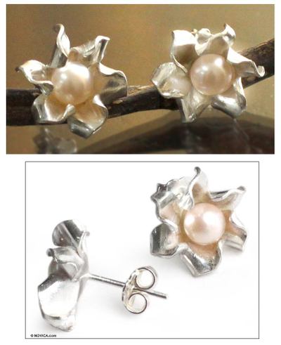 Pearl button earrings, 'Glorious Flower' - Floral Fine Silver and Pearl Earrings from Peru