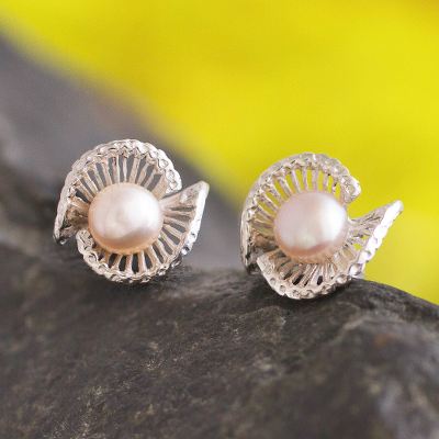Pearl button earrings, 'Seashell' - Fine Silver Sea Life Pearl Button Earrings
