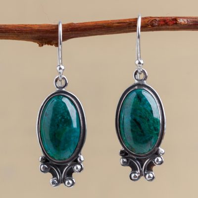 Chrysocolla dangle earrings, 'Andean Mystique' - Unique Sterling Silver Dangle Chrysocolla Earrings