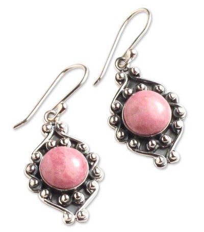 Rhodonite flower earrings, 'Andean Rose' - Rhodonite flower earrings