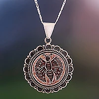 Sterling silver and mate gourd flower necklace, 'Sunflower Butterfly' - Handcarved Peruvian Mate Gourd Pendant