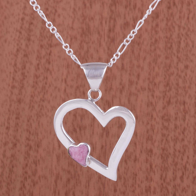 Rhodonite heart necklace, 'Secret Romance' - Heart Shaped Sterling Silver Pendant Rhodonite Necklace