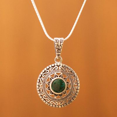 Chrysocolla pendant necklace, 'Sun God' - Fine Silver Green Chrysocolla Pendant Necklace