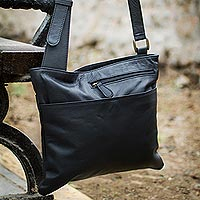 Leather handbag, 'Midnight' - Fair Trade Black Leather Sling Handbag