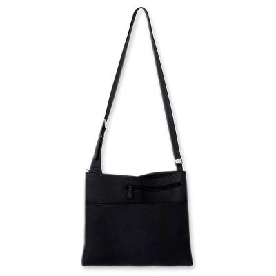 Leather handbag, 'Midnight' - Fair Trade Black Leather Sling Handbag