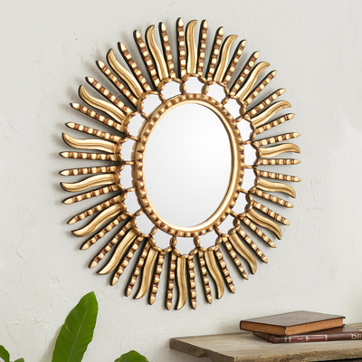 Mirror, 'Winter Sunburst' - Starburst Bronze Leaf Mirror from Peru