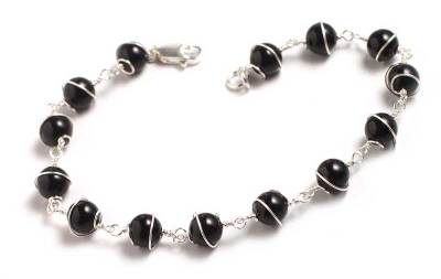 Onyx chain bracelet, 'Harmony' - Silver and Black Onyx Chain Bracelet