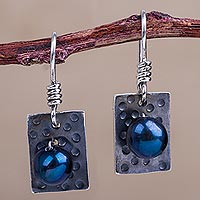 Pearl dangle earrings, 'Black Shimmer' - Modern Fine Silver Dangle Pearl Earrings