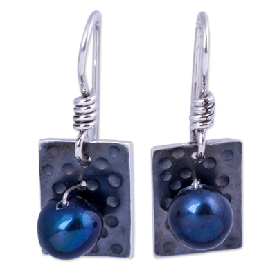 Pearl dangle earrings, 'Black Shimmer' - Modern Fine Silver Dangle Dark Pearl Earrings