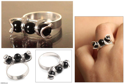 Onyx cocktail ring, 'Trio' - Onyx cocktail ring