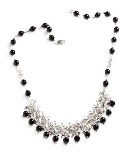 Onyx waterfall necklace, 'Night Rain' - Artisan Crafted Fine Silver Pendant Onyx Necklace