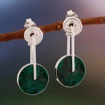 Chrysocolla dangle earrings, 'Magic Circle' - Modern Sterling Silver Chrysocolla Dangle Earrings