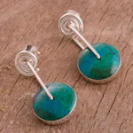 Chrysocolla dangle earrings, 'Magic Circle' - Modern Sterling Silver Chrysocolla Dangle Earrings