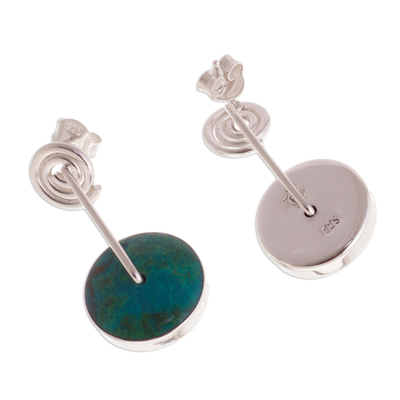 Chrysocolla dangle earrings, 'Magic Circle' - Modern Sterling Silver Chrysocolla Dangle Earrings