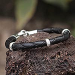 Collectible Men's Leather and Silver Wristband Bracelet, 'Bold Black'