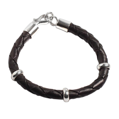 Collectible Men's Leather and Silver Wristband Bracelet - Bold 