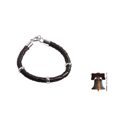 Men's leather braided bracelet, 'Bold Black' - Collectible Men's Leather and Silver Wristband Bracelet