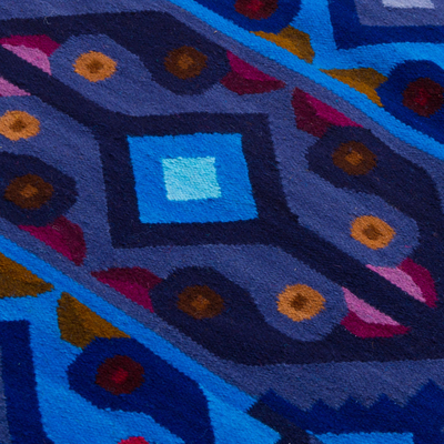 Wool tapestry, 'Blue Roosters' - Wool tapestry