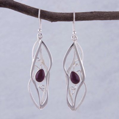 Amethyst dangle earrings, 'Lyrical' - Artisan Crafted Modern Sterling Amethyst Dangle Earrings