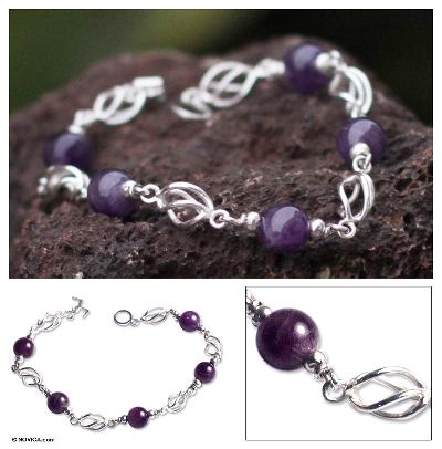 Amethyst beaded bracelet, 'Violet Twist' - Collectible Fine Silver Beaded Amethyst Bracelet