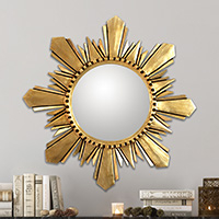 Espejo de madera Mohena, 'Cuzco Sun' (grande) - Espejo redondo único de madera dorada (22") con hoja de bronce