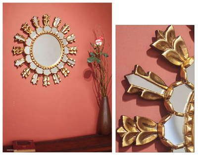 Mohena wood mirror, 'Golden Tulip Sun' - Floral Mohena Wood Mirror
