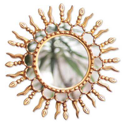 Mohena wood mirror, 'Nazca Sun' - Mohena Wood Mirror with Bronze Leaf Overlay from Peru