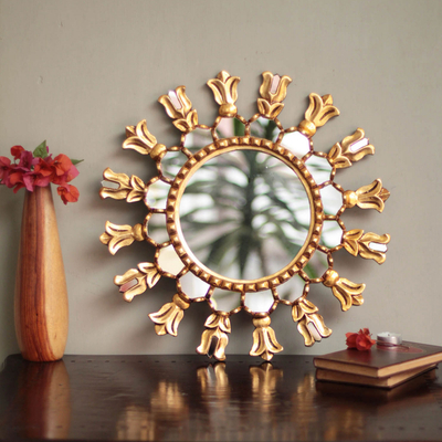 Mohena wood mirror, 'Fleur de Lis' - Mohena Wood Round Sun Mirror with Bronze Leaf