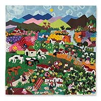 Cotton applique wall hanging, 'Andean Hillside' - Handmade Applique Patchwork Wall Hanging Tapestry 39x39