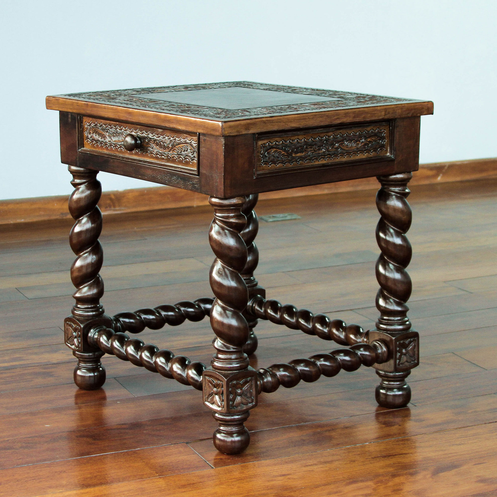 Handcrafted Traditional Leather Wood, Leather End Table